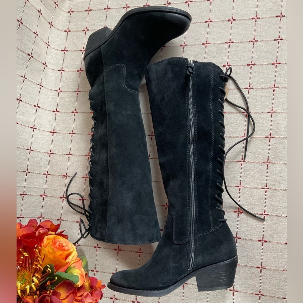 Aqua Sofft “Sharnell” Black Suede Knee High Boots Lace Up Back Water Resistant 6 - Picture 7 of 9